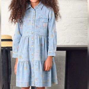 PORTER Girls Floral Print Denim Midi Tierred Dress. Size 16